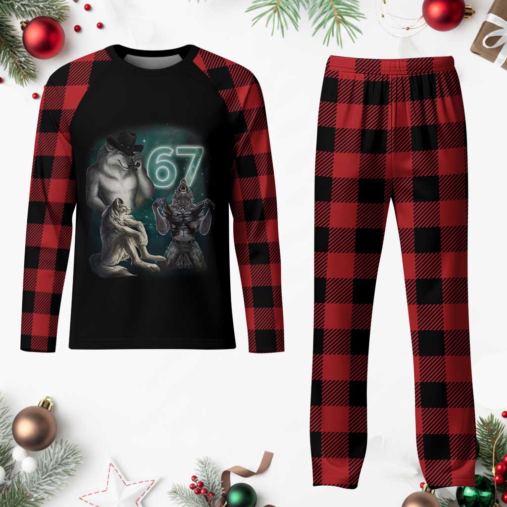 Funny 67 Alpha Wolf Plaid Pajama Set Cringe Werewolf Howling Six Seven Meme - Wonder Print Shop