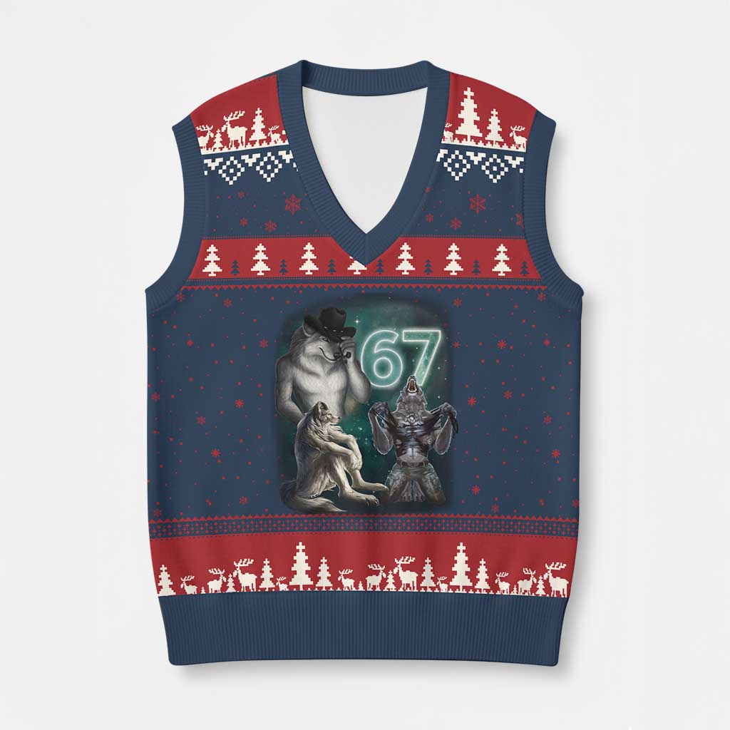 Funny 67 Alpha Wolf V-Neck Knit Sweater Vest Cringe Werewolf Howling Six Seven Meme - Wonder Print Shop