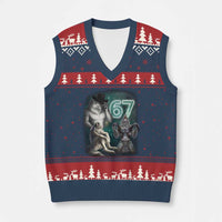 Funny 67 Alpha Wolf V-Neck Knit Sweater Vest Cringe Werewolf Howling Six Seven Meme - Wonder Print Shop