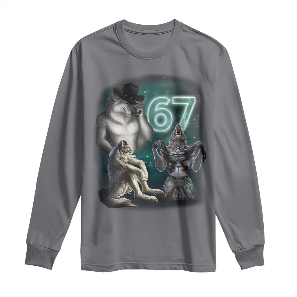 Funny 67 Alpha Wolf Long Sleeve Shirt Cringe Werewolf Howling Six Seven Meme - Wonder Print Shop