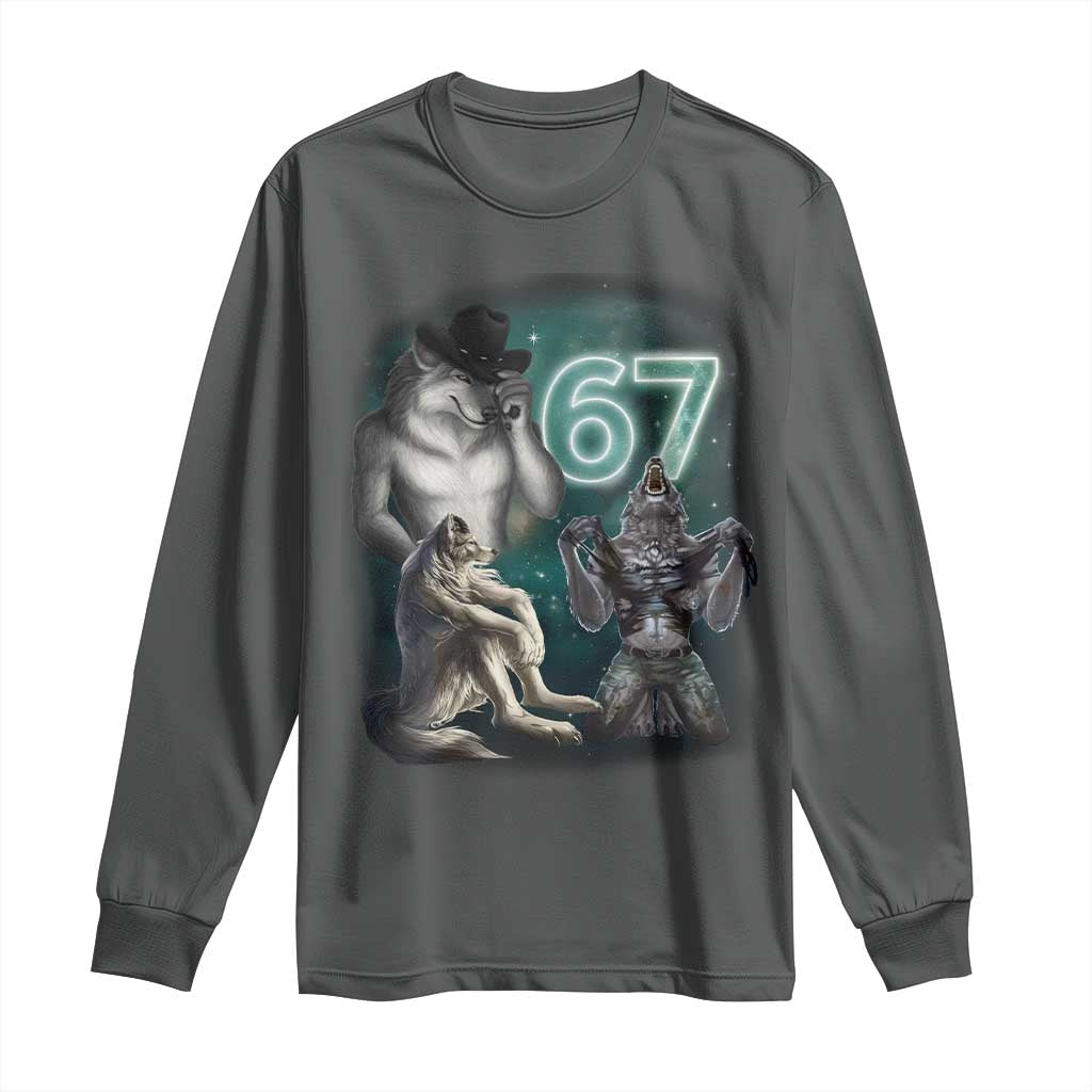 Funny 67 Alpha Wolf Long Sleeve Shirt Cringe Werewolf Howling Six Seven Meme - Wonder Print Shop