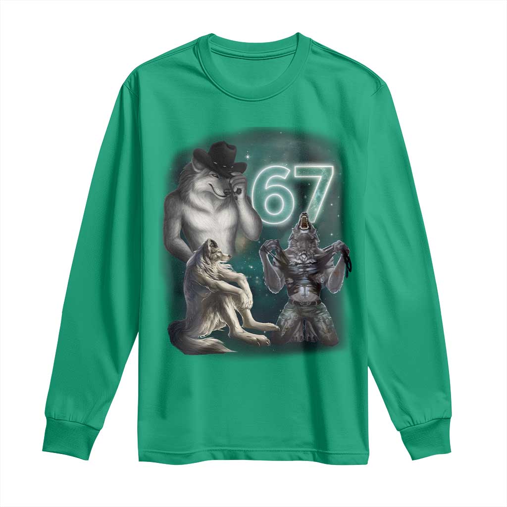Funny 67 Alpha Wolf Long Sleeve Shirt Cringe Werewolf Howling Six Seven Meme - Wonder Print Shop