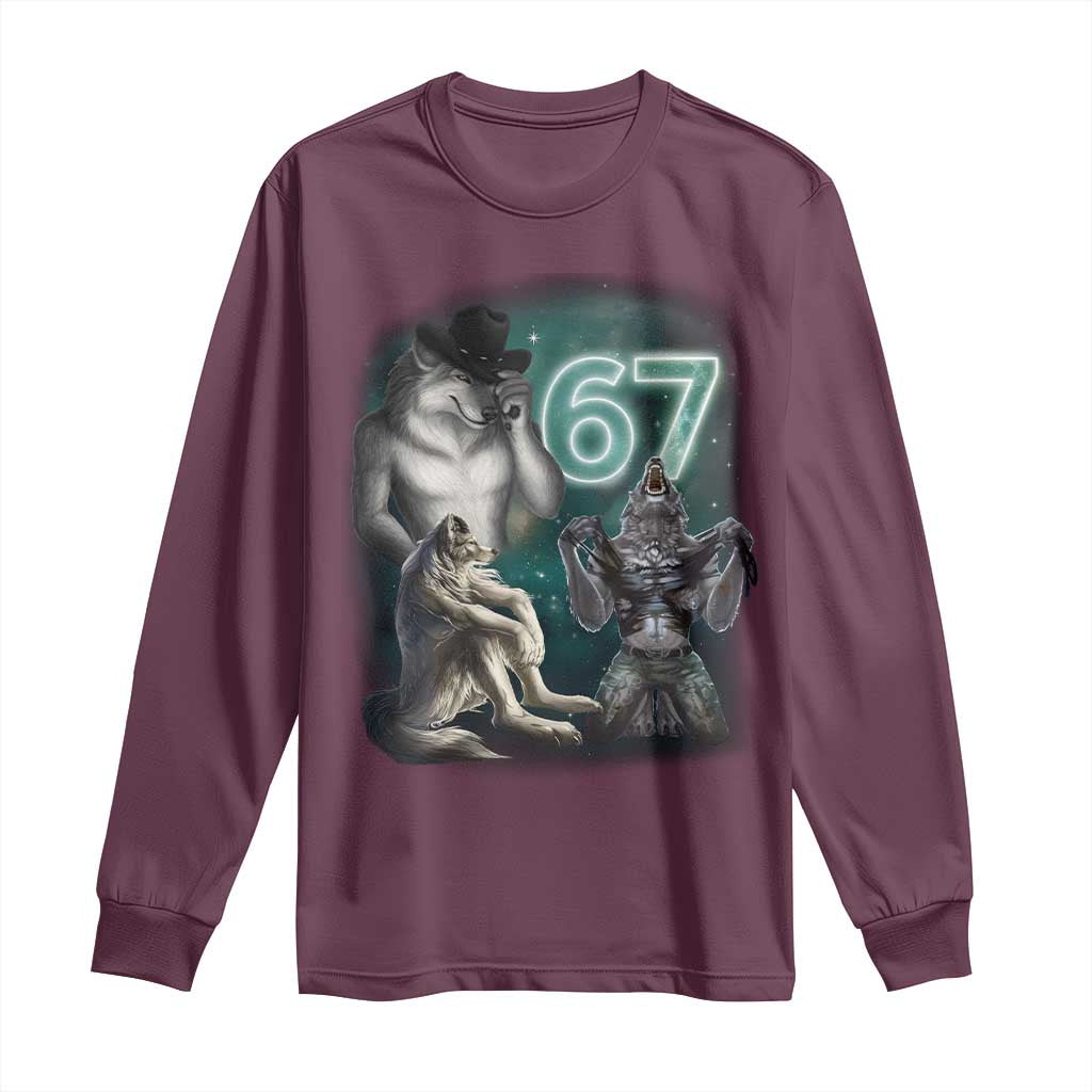 Funny 67 Alpha Wolf Long Sleeve Shirt Cringe Werewolf Howling Six Seven Meme - Wonder Print Shop