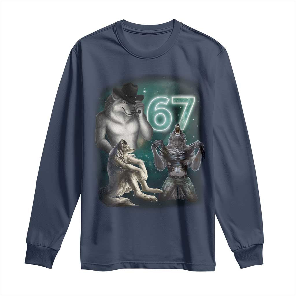 Funny 67 Alpha Wolf Long Sleeve Shirt Cringe Werewolf Howling Six Seven Meme - Wonder Print Shop