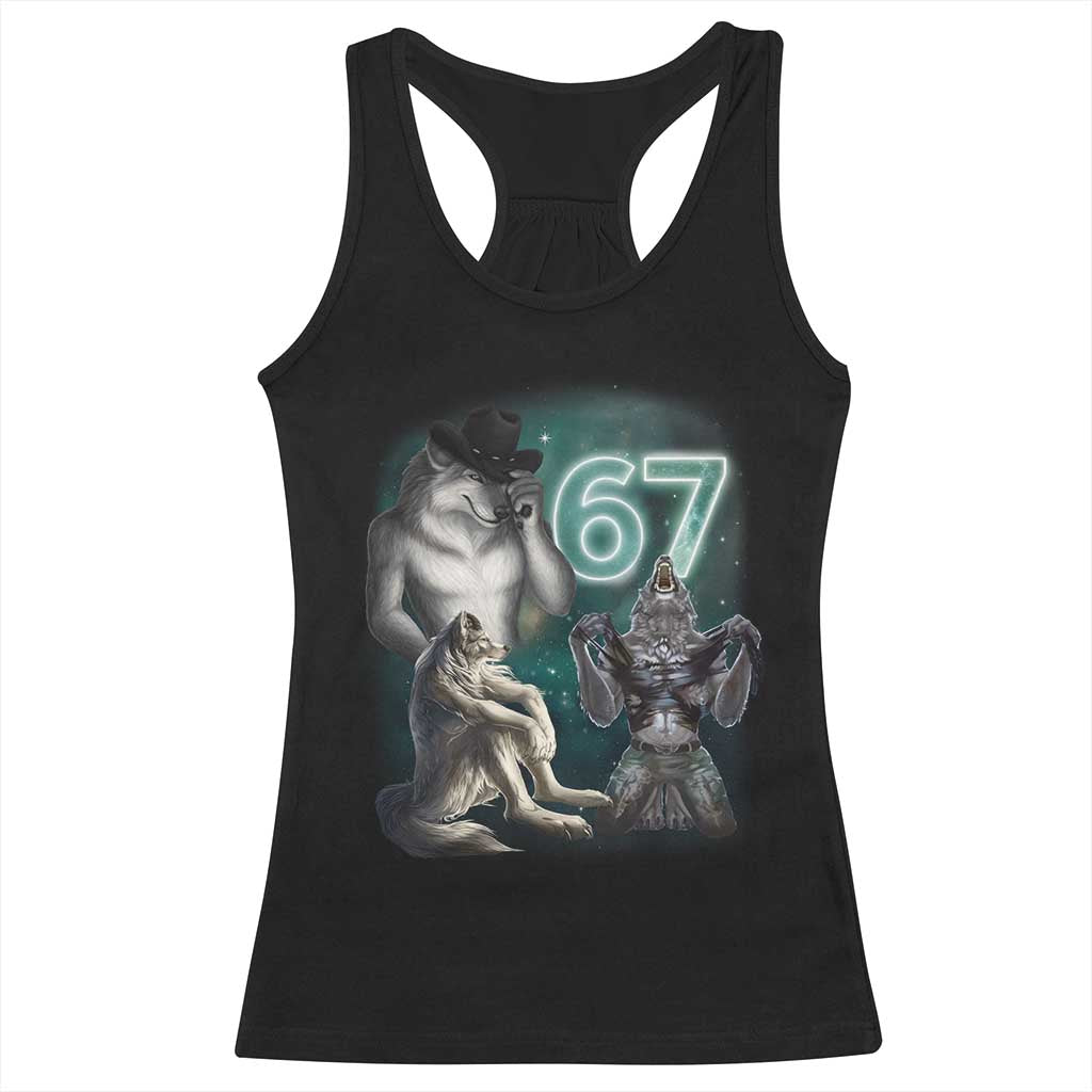 Funny 67 Alpha Wolf Racerback Tank Top Cringe Werewolf Howling Six Seven Meme - Wonder Print Shop