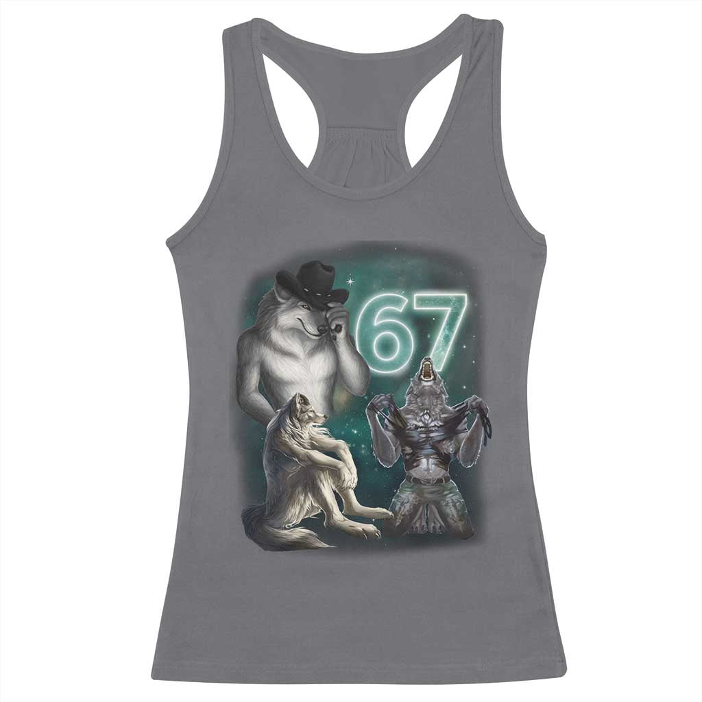 Funny 67 Alpha Wolf Racerback Tank Top Cringe Werewolf Howling Six Seven Meme - Wonder Print Shop