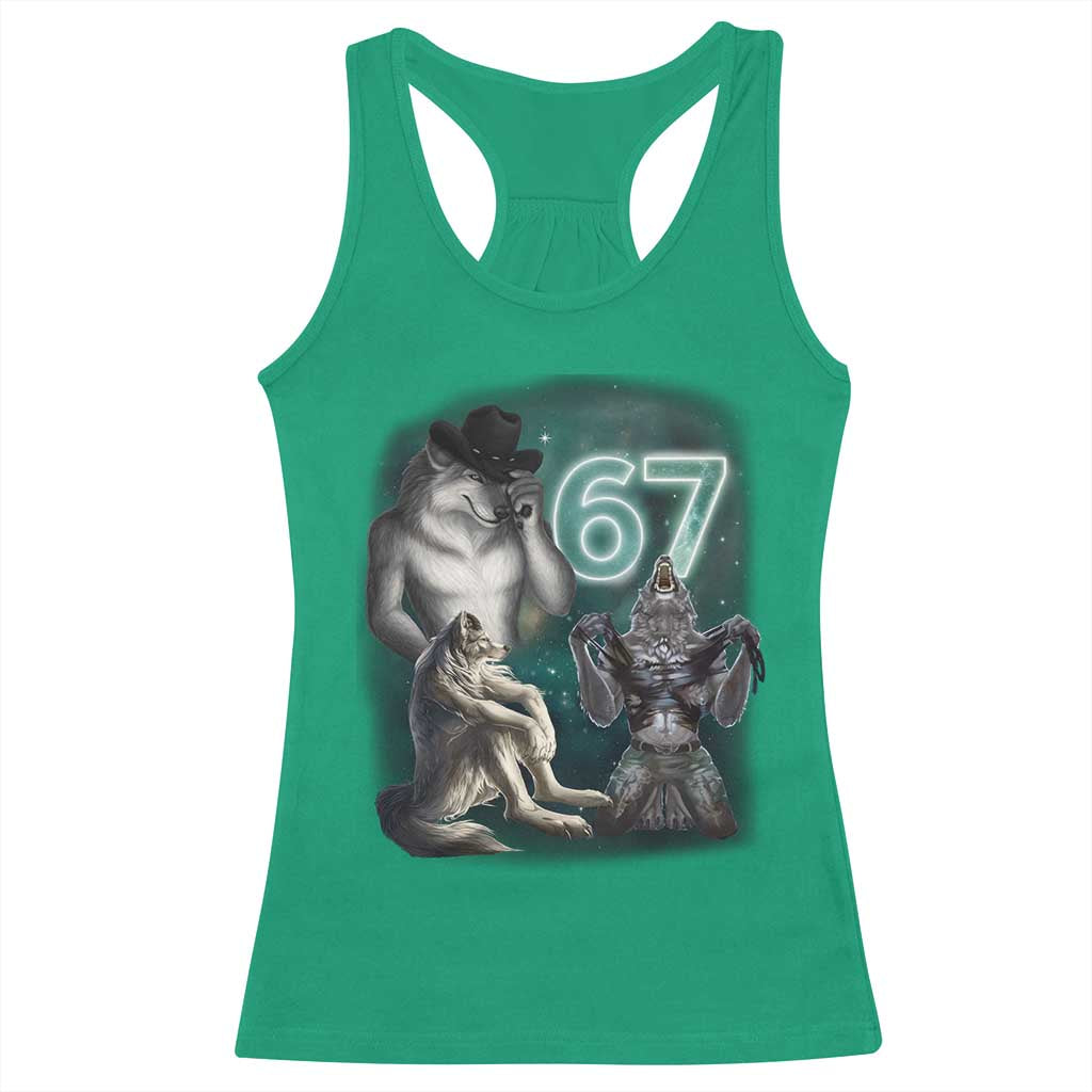 Funny 67 Alpha Wolf Racerback Tank Top Cringe Werewolf Howling Six Seven Meme - Wonder Print Shop