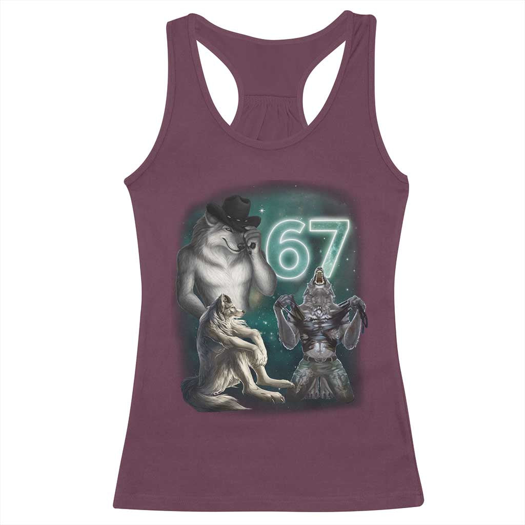 Funny 67 Alpha Wolf Racerback Tank Top Cringe Werewolf Howling Six Seven Meme - Wonder Print Shop