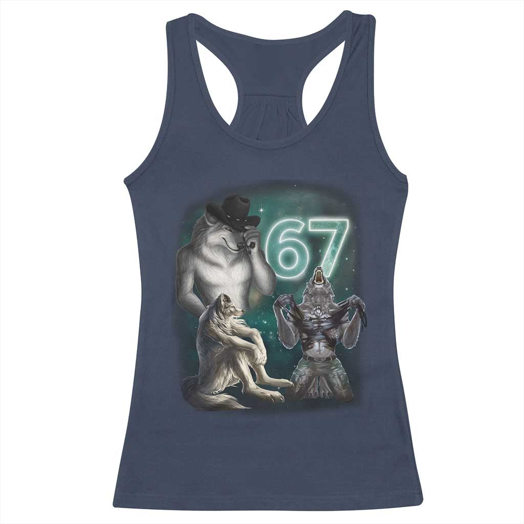 Funny 67 Alpha Wolf Racerback Tank Top Cringe Werewolf Howling Six Seven Meme - Wonder Print Shop