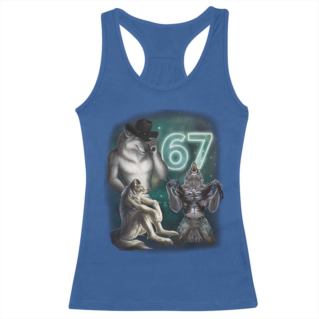 Funny 67 Alpha Wolf Racerback Tank Top Cringe Werewolf Howling Six Seven Meme - Wonder Print Shop