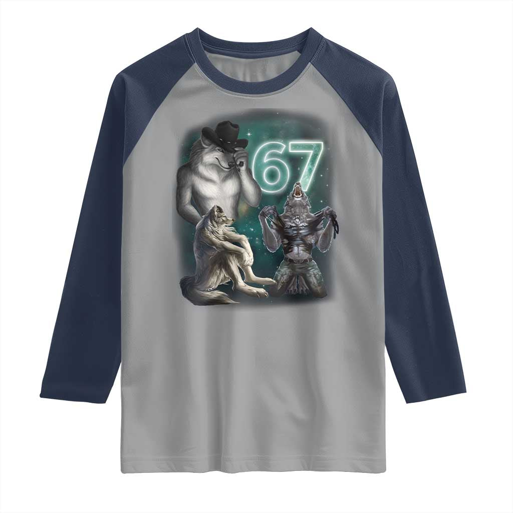 Funny 67 Alpha Wolf Raglan Shirt Cringe Werewolf Howling Six Seven Meme - Wonder Print Shop