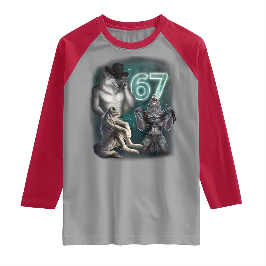 Funny 67 Alpha Wolf Raglan Shirt Cringe Werewolf Howling Six Seven Meme - Wonder Print Shop