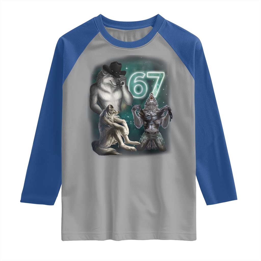 Funny 67 Alpha Wolf Raglan Shirt Cringe Werewolf Howling Six Seven Meme - Wonder Print Shop