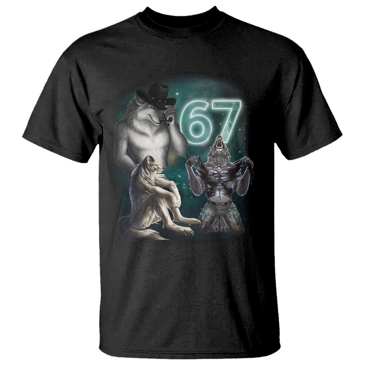 Funny 67 Alpha Wolf T Shirt Cringe Werewolf Howling Six Seven Meme - Wonder Print Shop