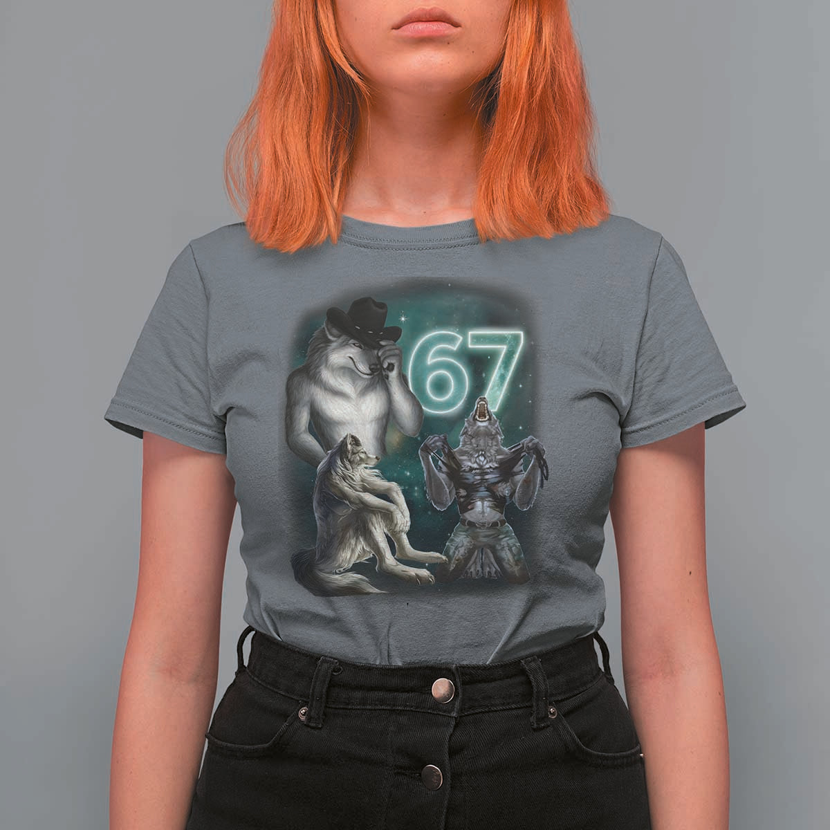 Funny 67 Alpha Wolf T Shirt For Women Cringe Werewolf Howling Six Seven Meme - Wonder Print Shop