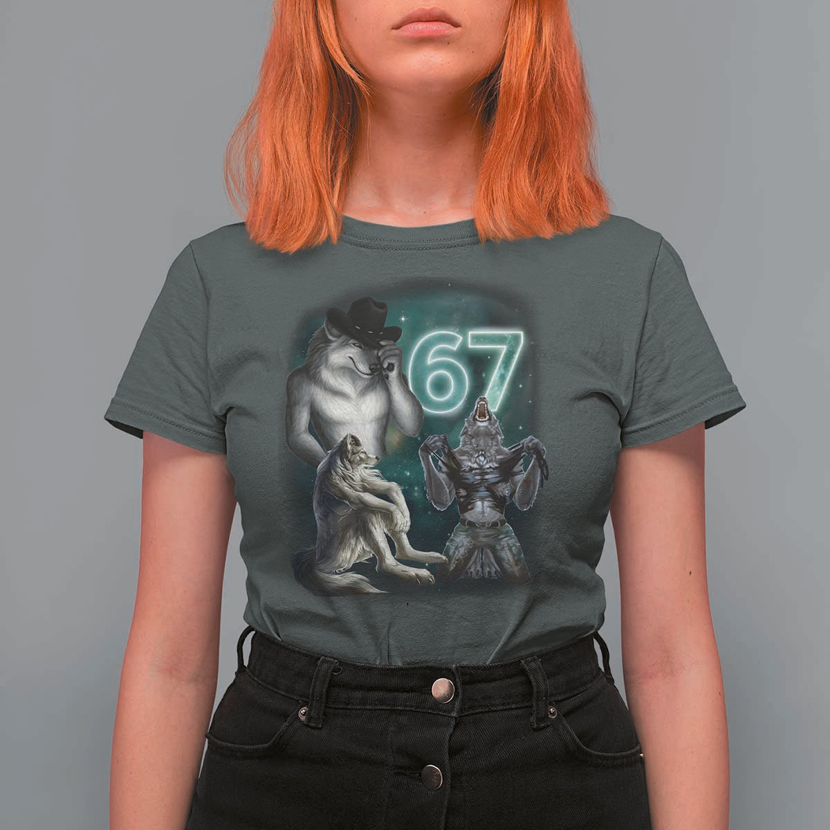 Funny 67 Alpha Wolf T Shirt For Women Cringe Werewolf Howling Six Seven Meme - Wonder Print Shop
