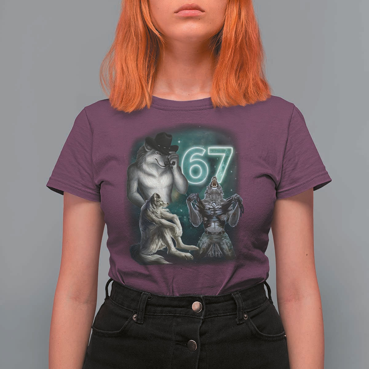 Funny 67 Alpha Wolf T Shirt For Women Cringe Werewolf Howling Six Seven Meme - Wonder Print Shop
