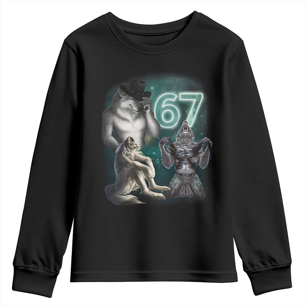 Funny 67 Alpha Wolf Youth Sweatshirt Cringe Werewolf Howling Six Seven Meme - Wonder Print Shop