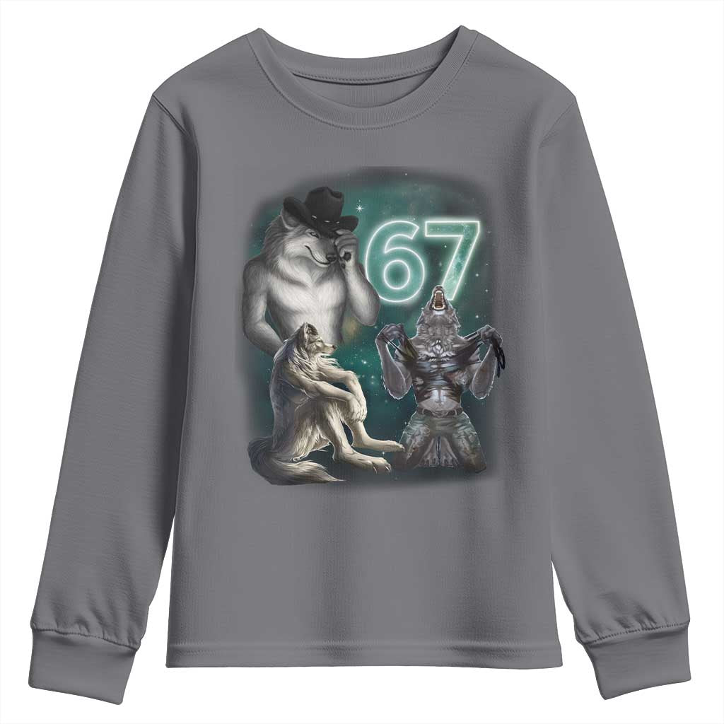 Funny 67 Alpha Wolf Youth Sweatshirt Cringe Werewolf Howling Six Seven Meme - Wonder Print Shop
