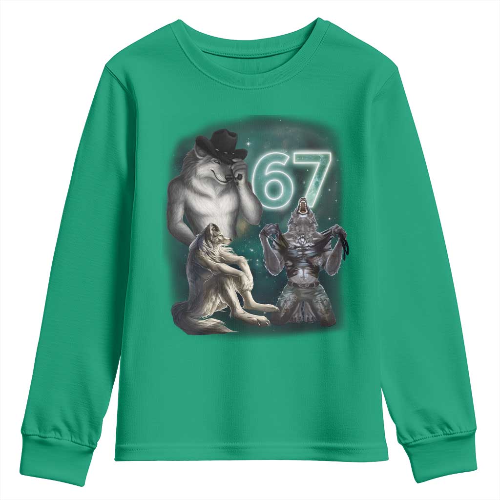 Funny 67 Alpha Wolf Youth Sweatshirt Cringe Werewolf Howling Six Seven Meme - Wonder Print Shop