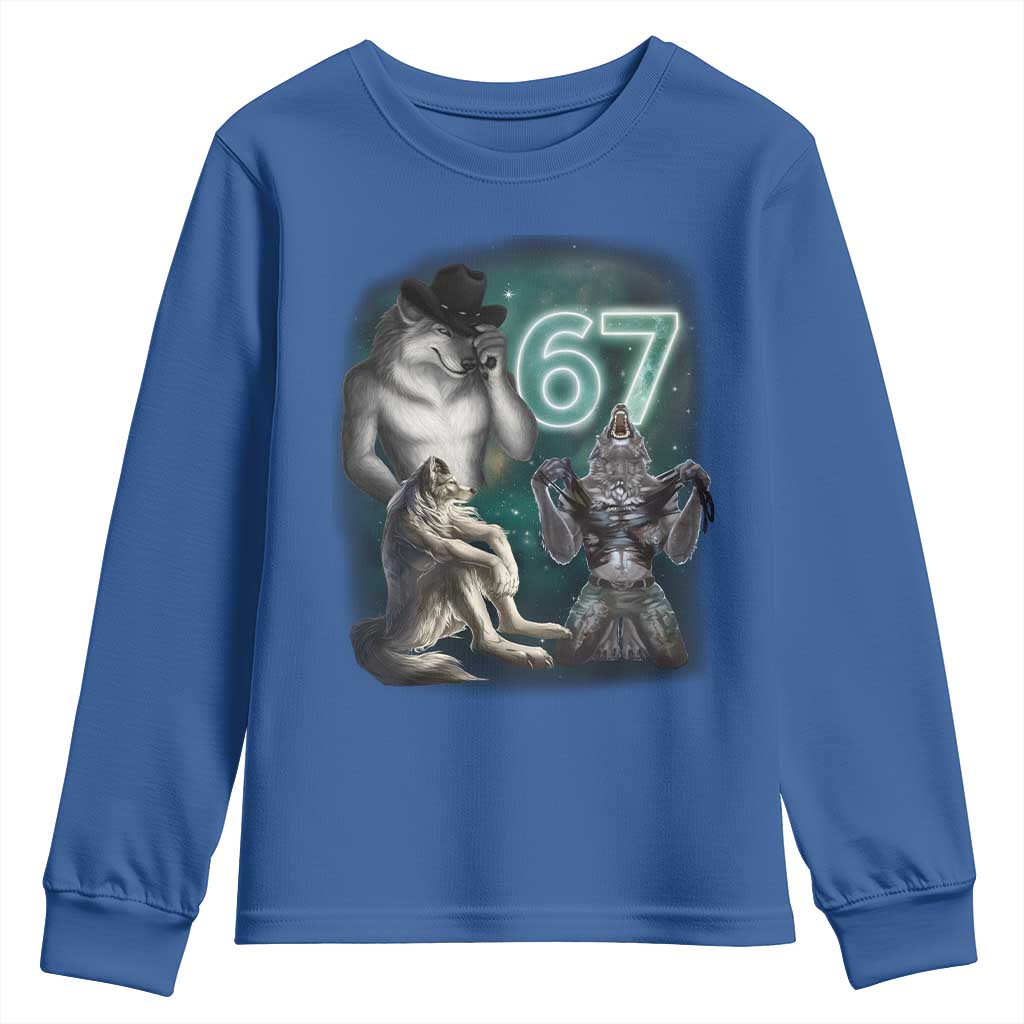 Funny 67 Alpha Wolf Youth Sweatshirt Cringe Werewolf Howling Six Seven Meme - Wonder Print Shop