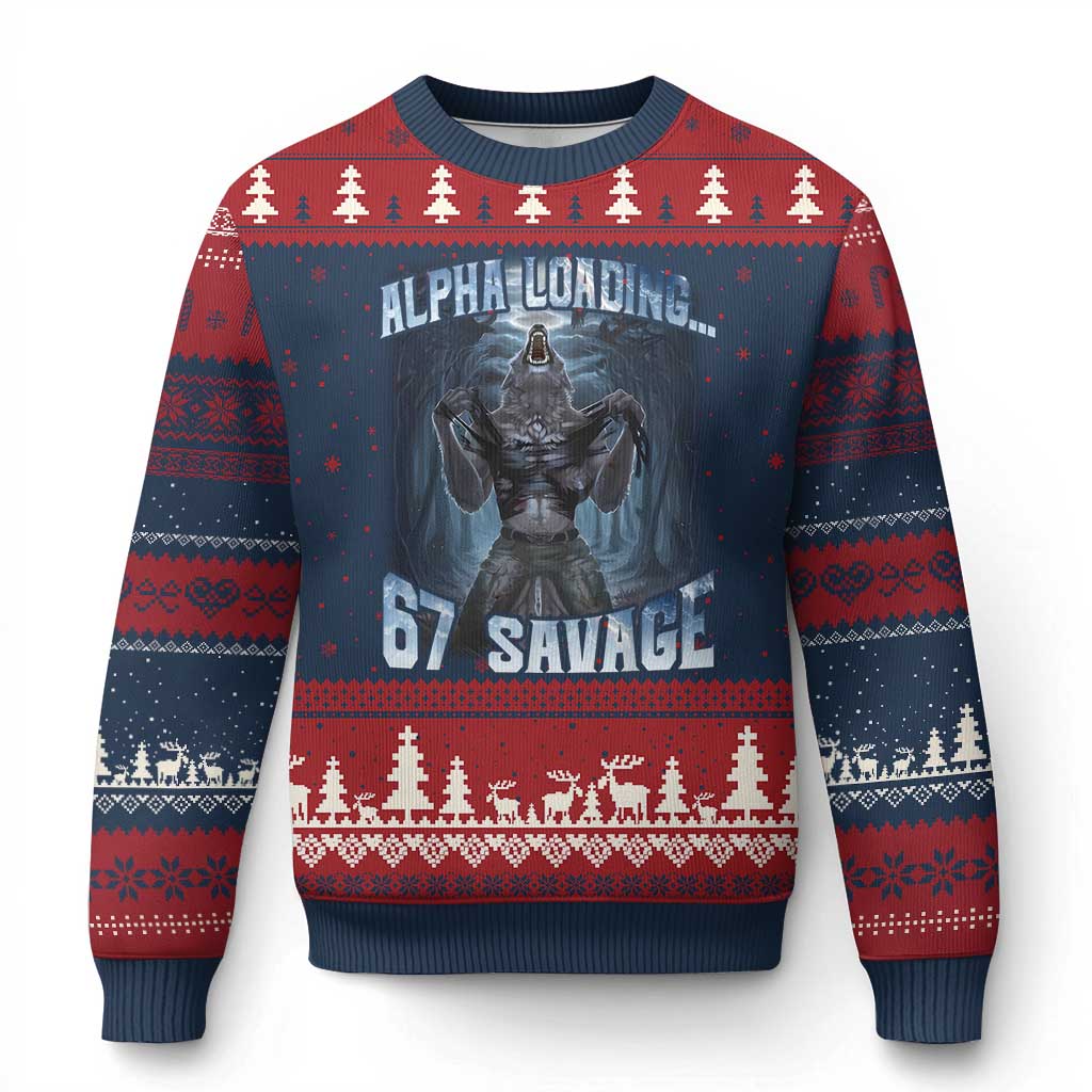 Funny 67 Alpha Wolf Ugly Christmas Sweater Alpha Loading 67 Savage Six Seven Gen Z Meme - Wonder Print Shop