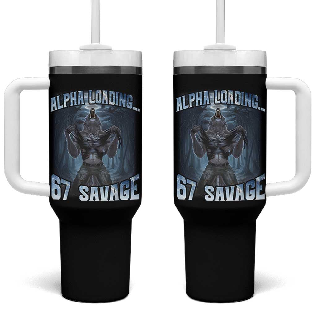 Funny 67 Alpha Wolf Tumbler With Handle Alpha Loading 67 Savage Six Seven Gen Z Meme - Wonder Print Shop