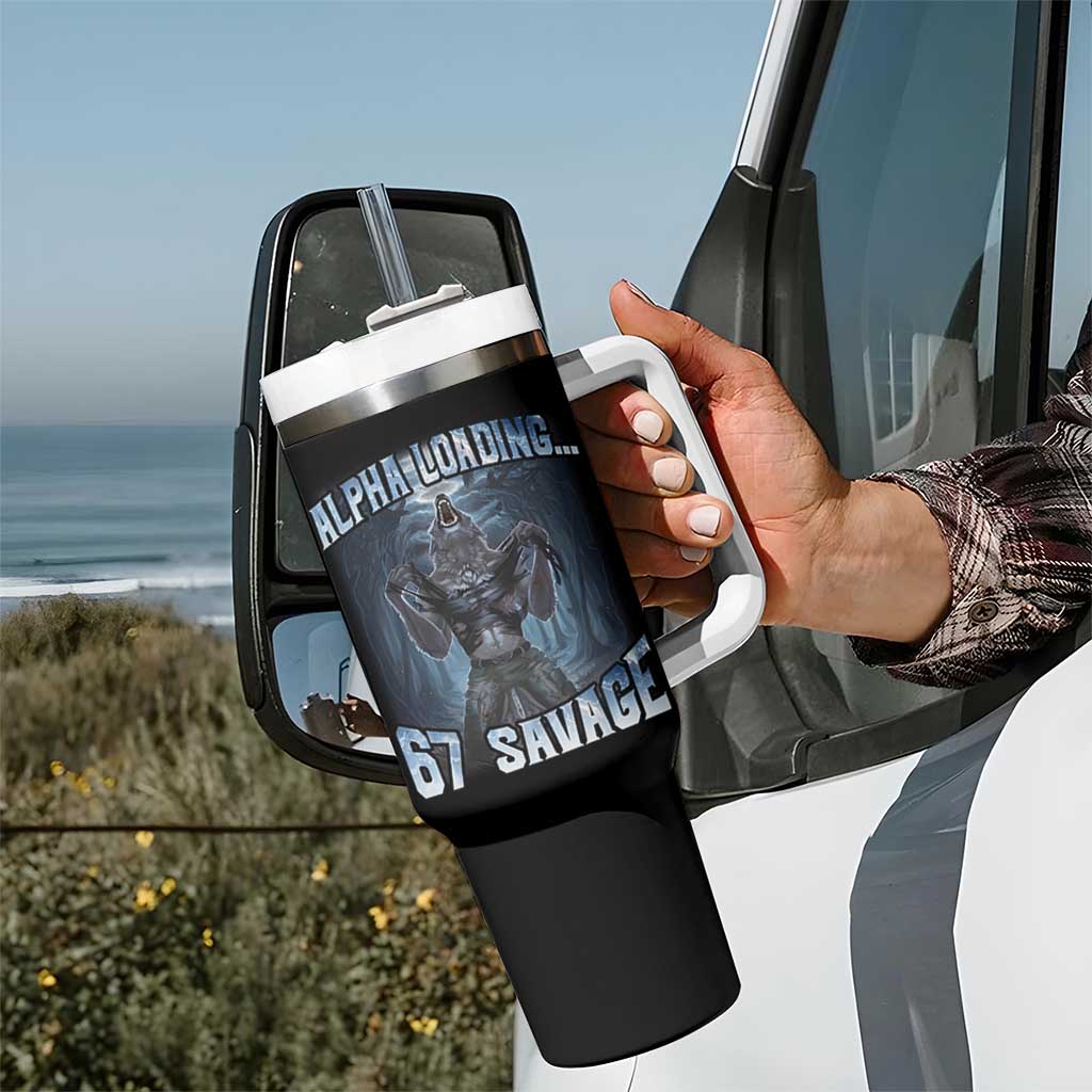 Funny 67 Alpha Wolf Tumbler With Handle Alpha Loading 67 Savage Six Seven Gen Z Meme - Wonder Print Shop