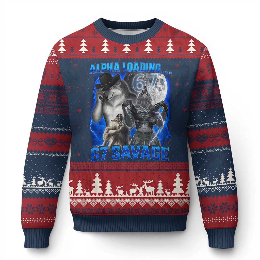 Funny Six Seven Alpha Wolf Ugly Christmas Sweater Alpha Loading 67 Savage Wolves Moon Meme