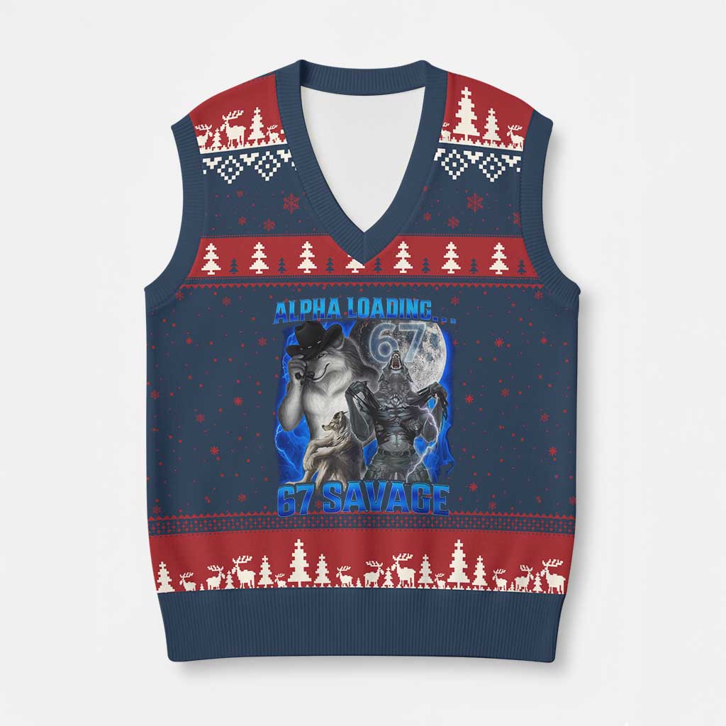 Funny Six Seven Alpha Wolf V-Neck Knit Sweater Vest Alpha Loading 67 Savage Wolves Moon Meme