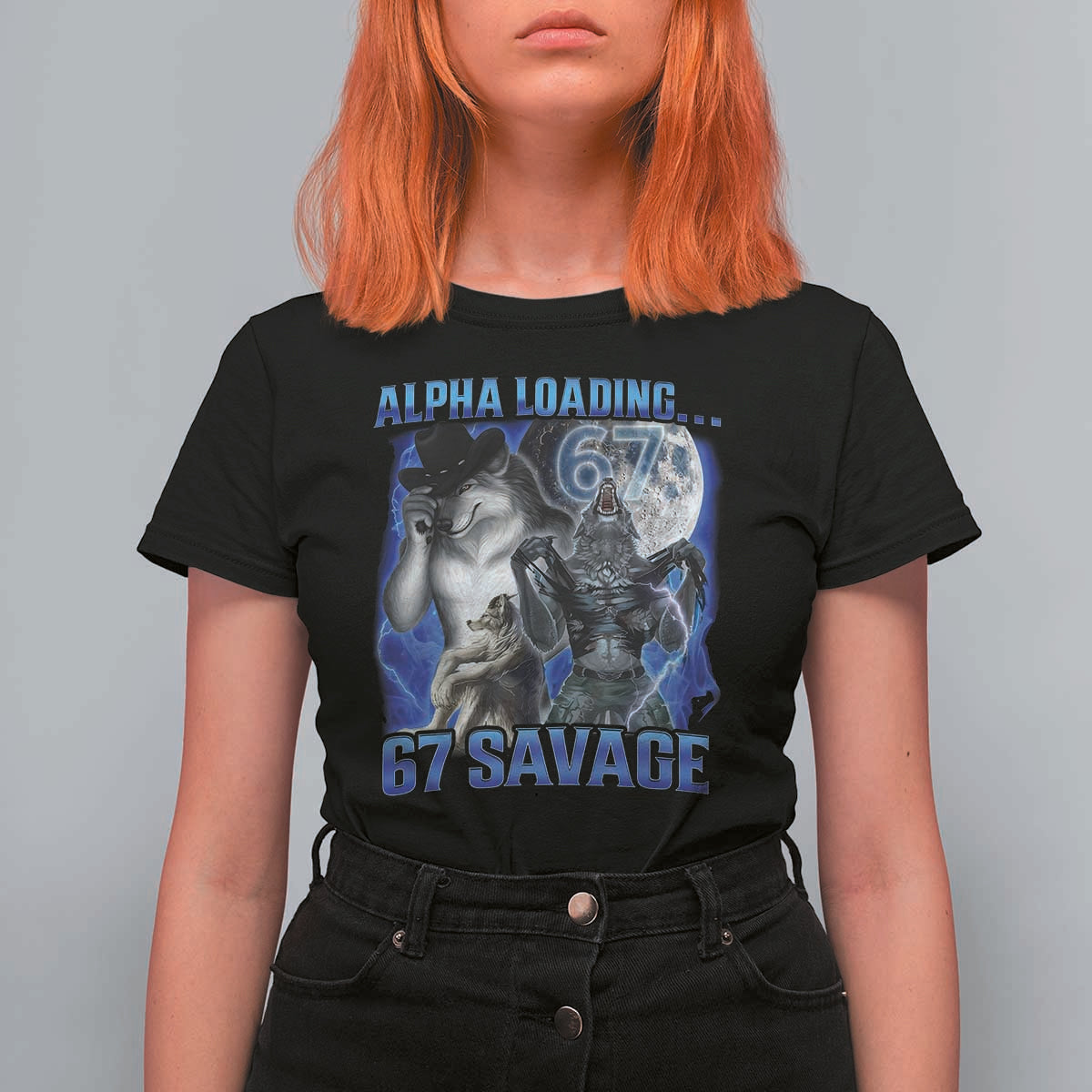 Funny Six Seven Alpha Wolf T Shirt For Women Alpha Loading 67 Savage Wolves Moon Meme