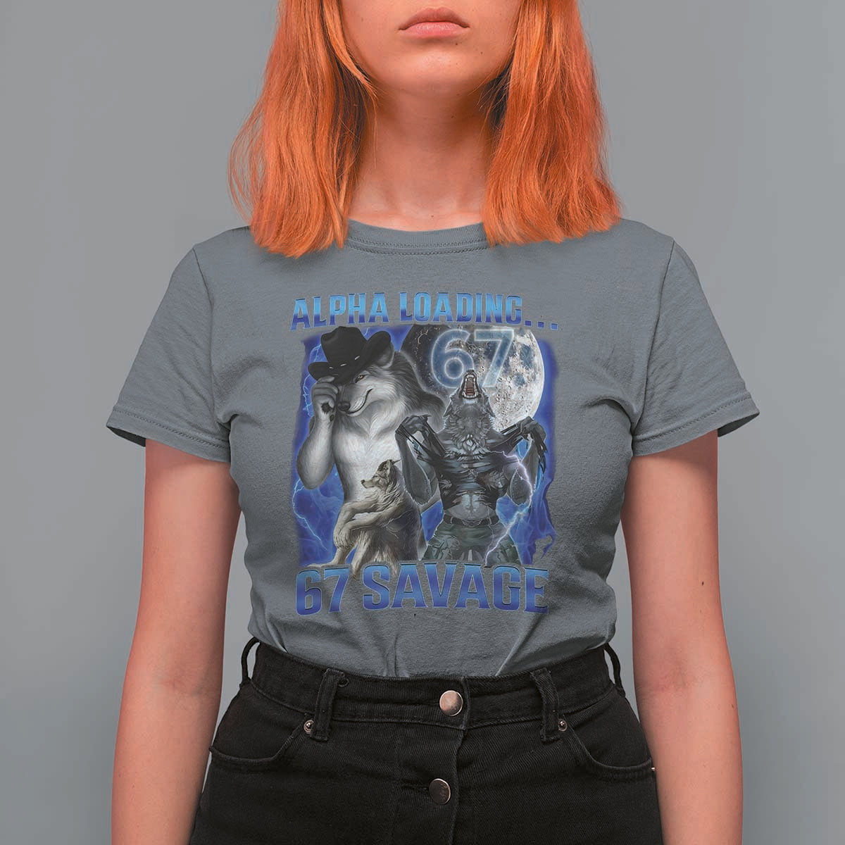 Funny Six Seven Alpha Wolf T Shirt For Women Alpha Loading 67 Savage Wolves Moon Meme