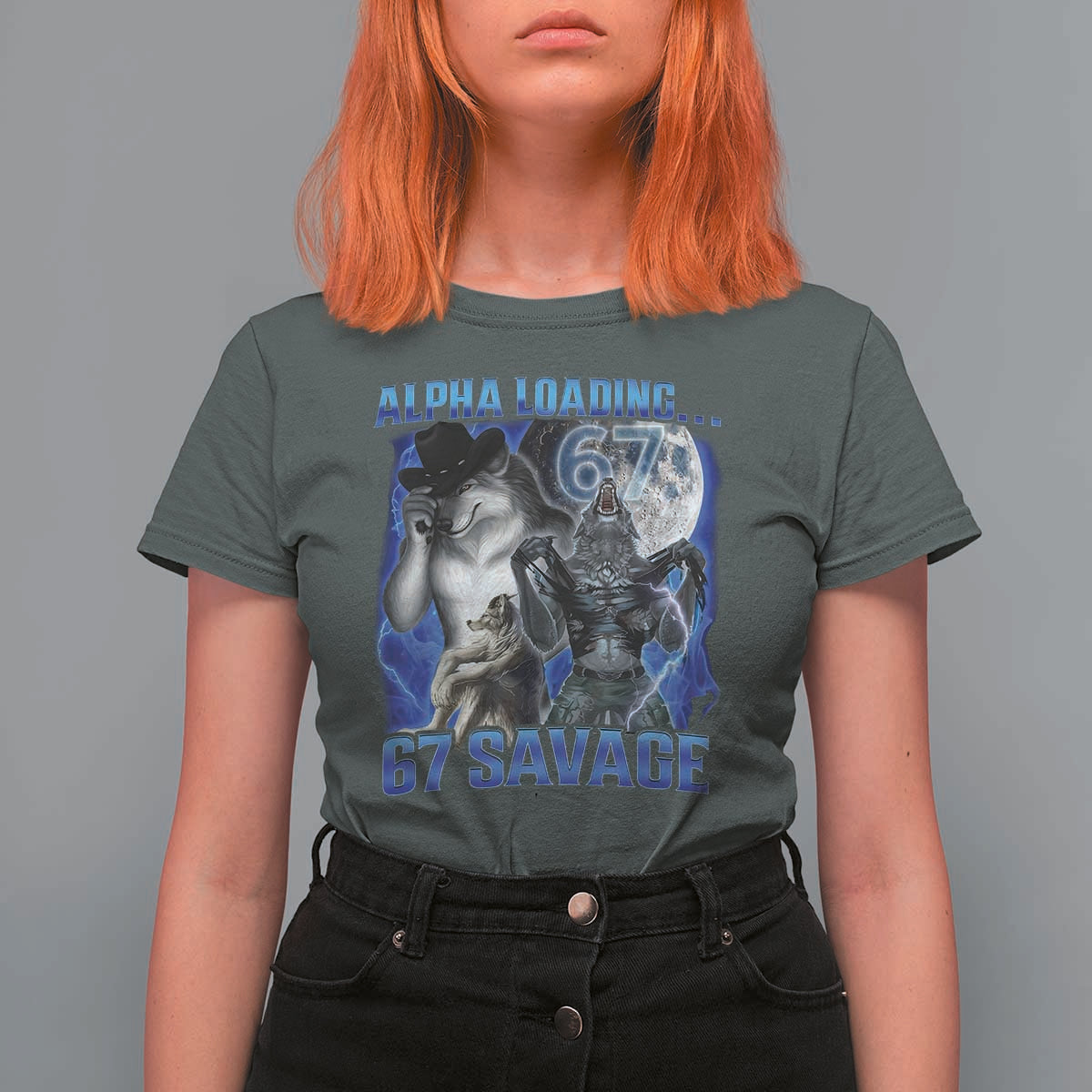 Funny Six Seven Alpha Wolf T Shirt For Women Alpha Loading 67 Savage Wolves Moon Meme