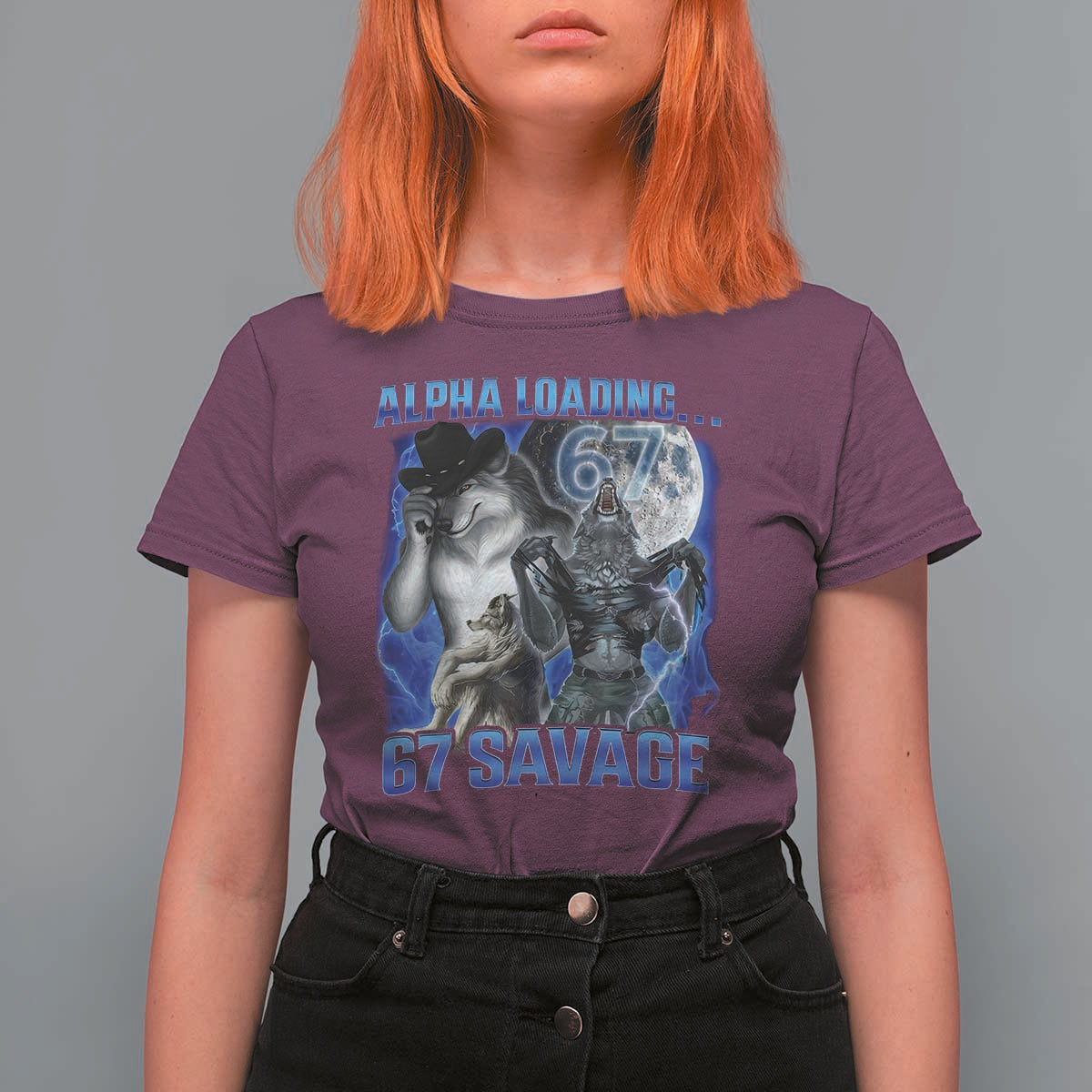 Funny Six Seven Alpha Wolf T Shirt For Women Alpha Loading 67 Savage Wolves Moon Meme