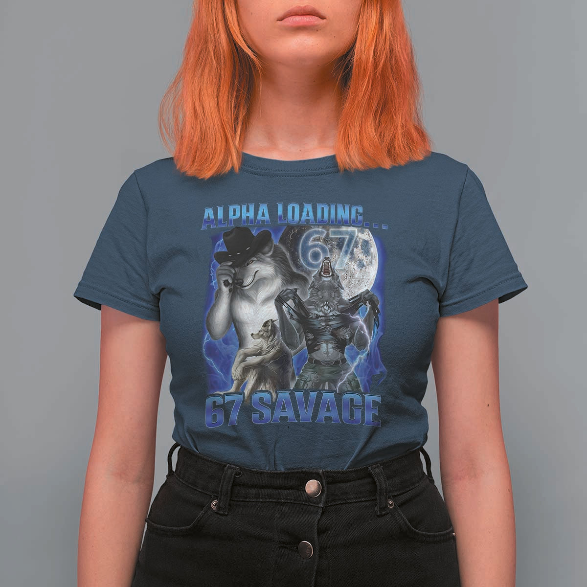 Funny Six Seven Alpha Wolf T Shirt For Women Alpha Loading 67 Savage Wolves Moon Meme