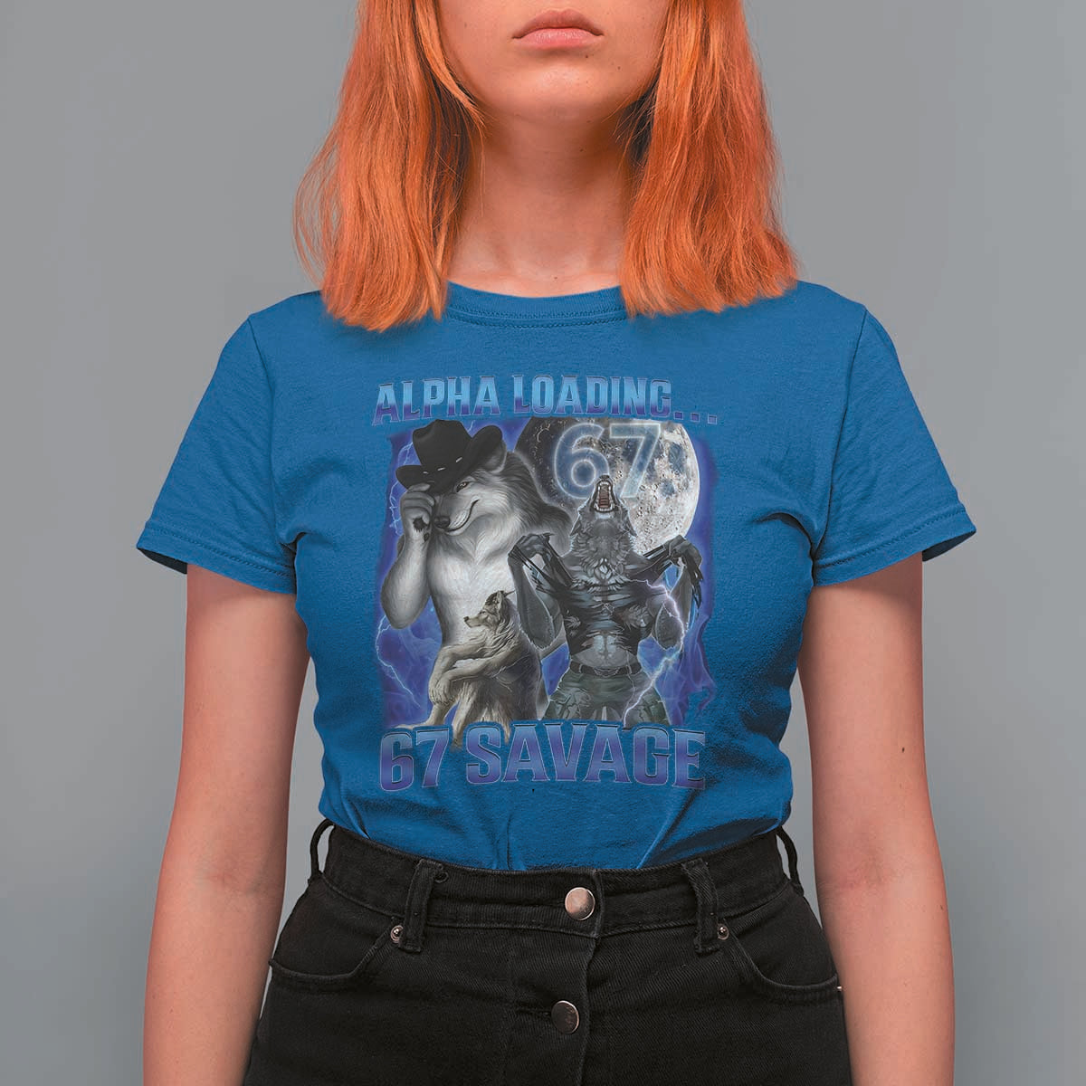 Funny Six Seven Alpha Wolf T Shirt For Women Alpha Loading 67 Savage Wolves Moon Meme