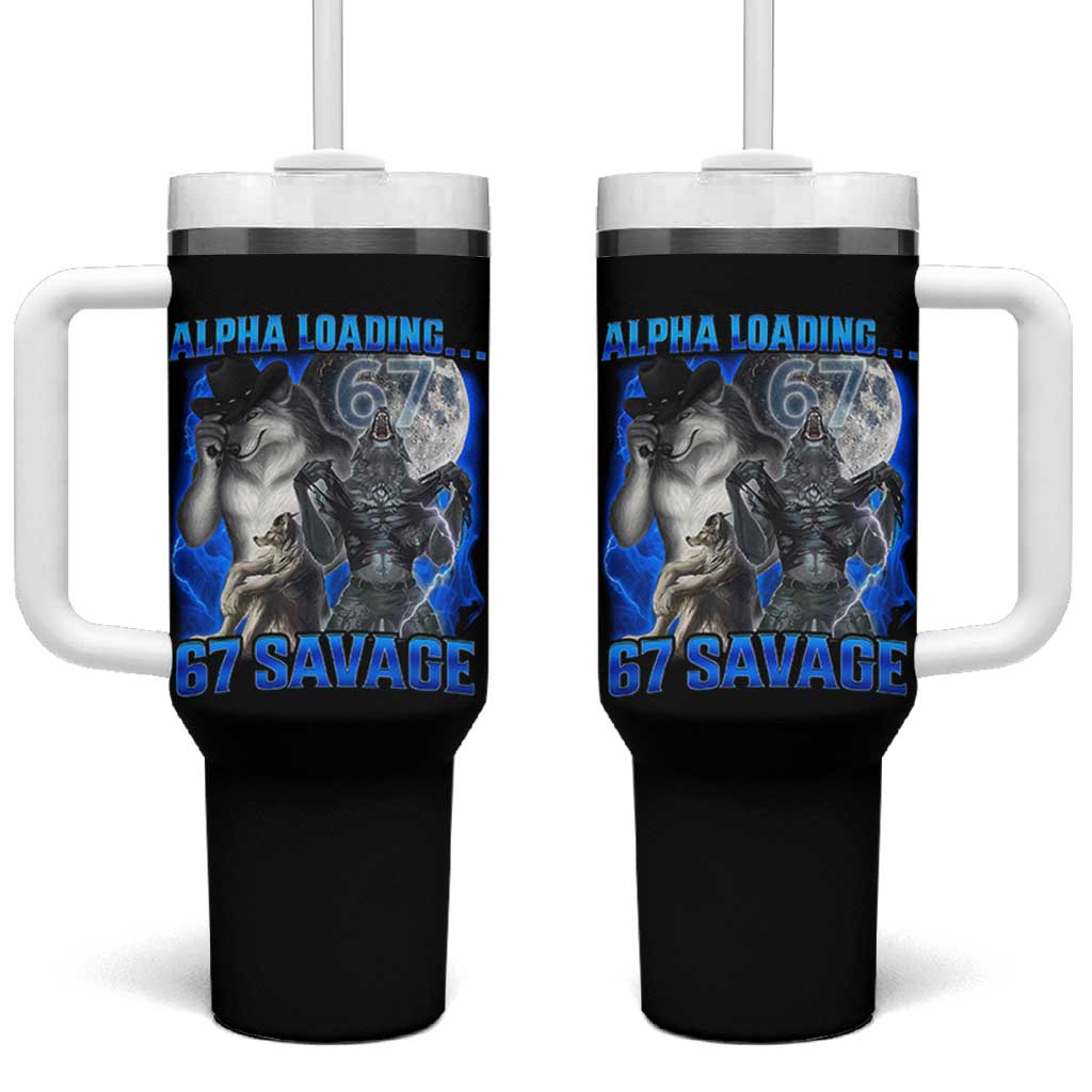 Funny Six Seven Alpha Wolf Tumbler With Handle Alpha Loading 67 Savage Wolves Moon Meme