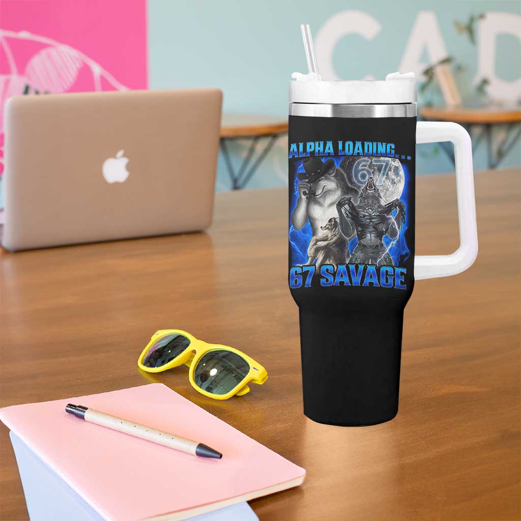 Funny Six Seven Alpha Wolf Tumbler With Handle Alpha Loading 67 Savage Wolves Moon Meme