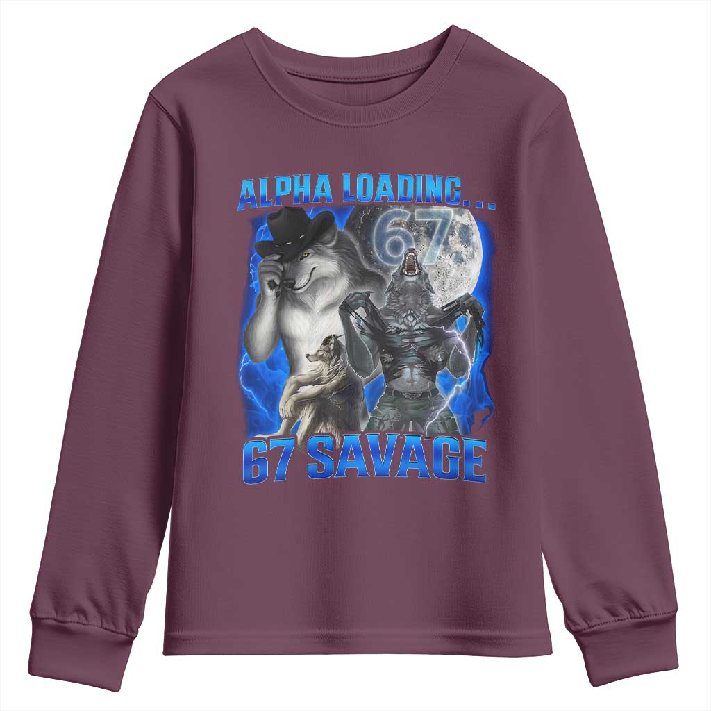 Funny Six Seven Alpha Wolf Youth Sweatshirt Alpha Loading 67 Savage Wolves Moon Meme