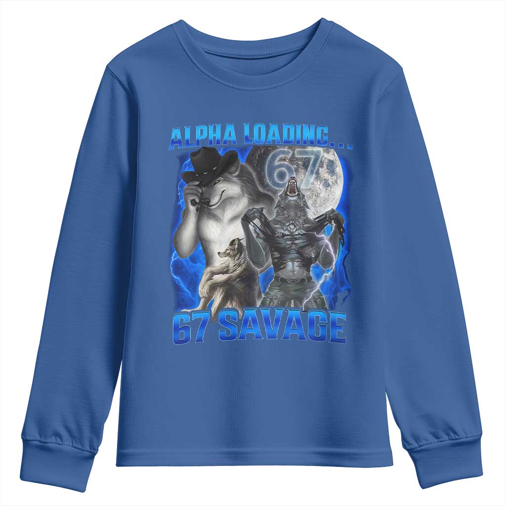 Funny Six Seven Alpha Wolf Youth Sweatshirt Alpha Loading 67 Savage Wolves Moon Meme