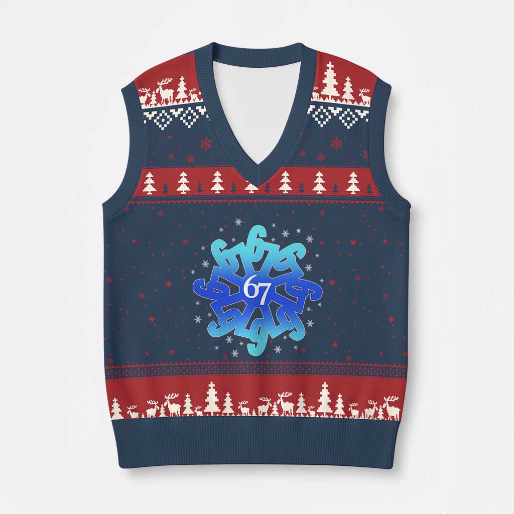 Funny 67 Xmas Snowflake V-Neck Knit Sweater Vest Six Seven Meme Xmas - Wonder Print Shop