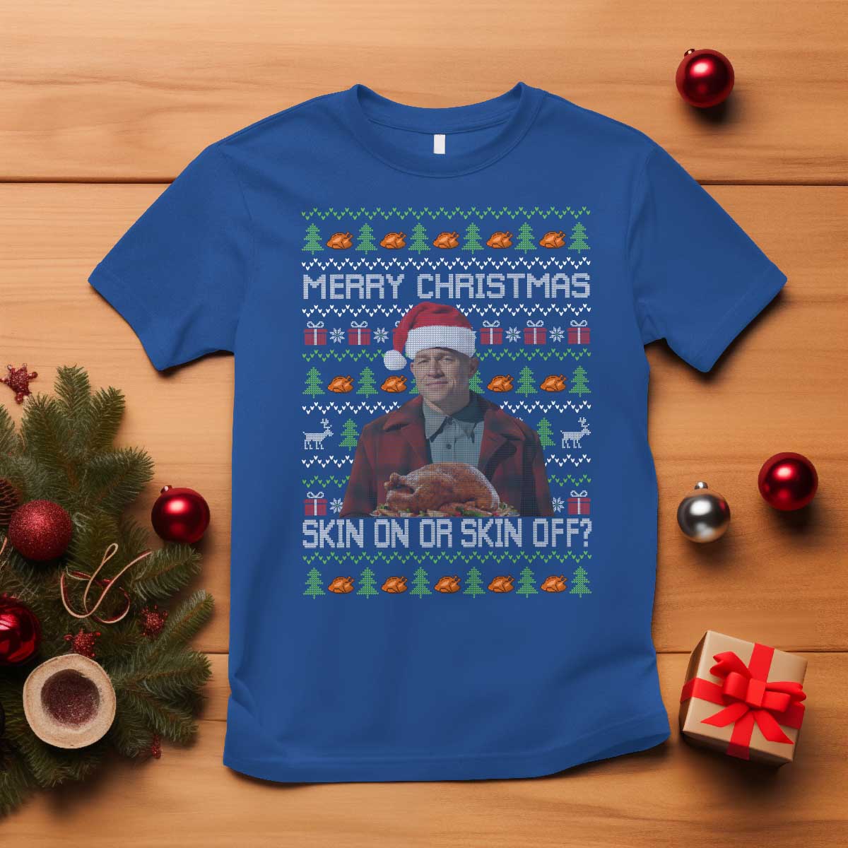 Ed Gein Christmas T Shirt Funny Merry Christmas Skin On Or Skin Off Turkey - Wonder Print Shop