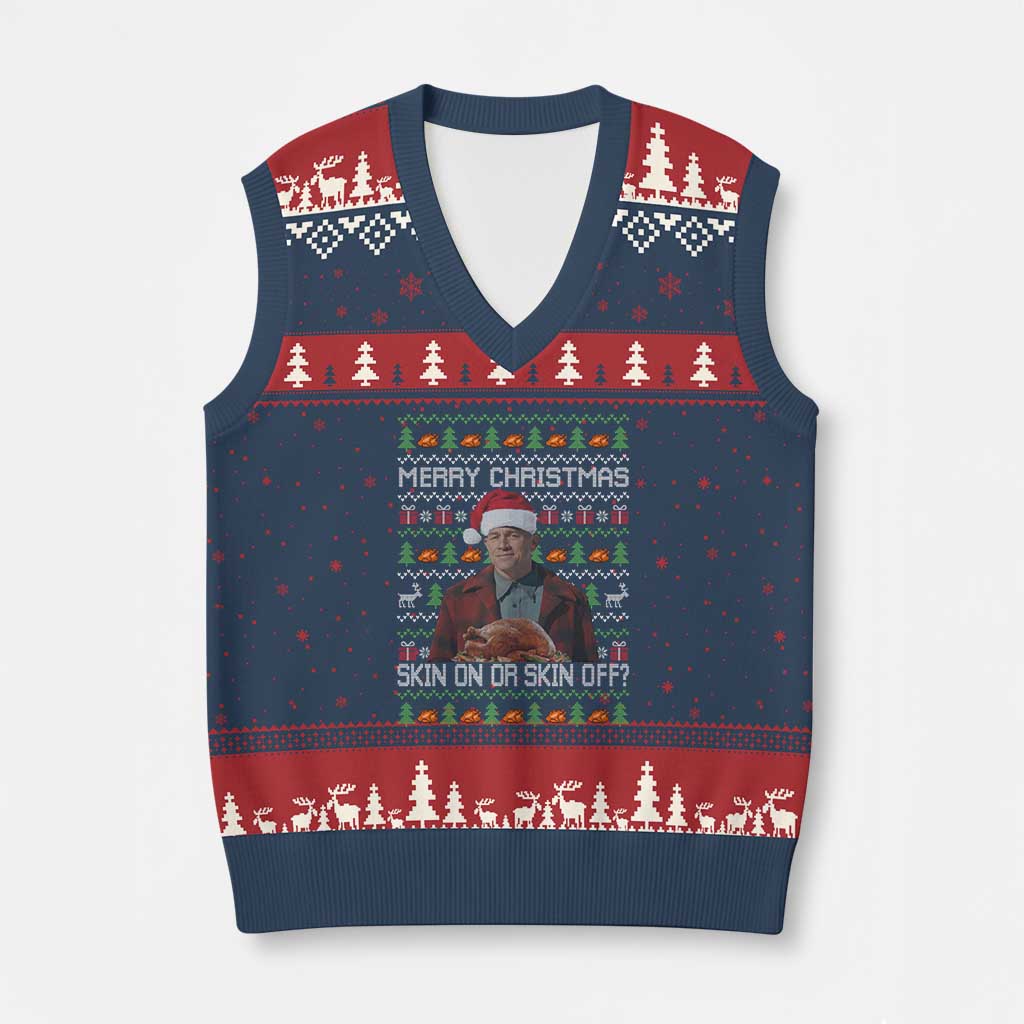 Ed Gein Xmas V-Neck Knit Sweater Vest Funny Merry Xmas Skin On Or Skin Off Turkey - Wonder Print Shop