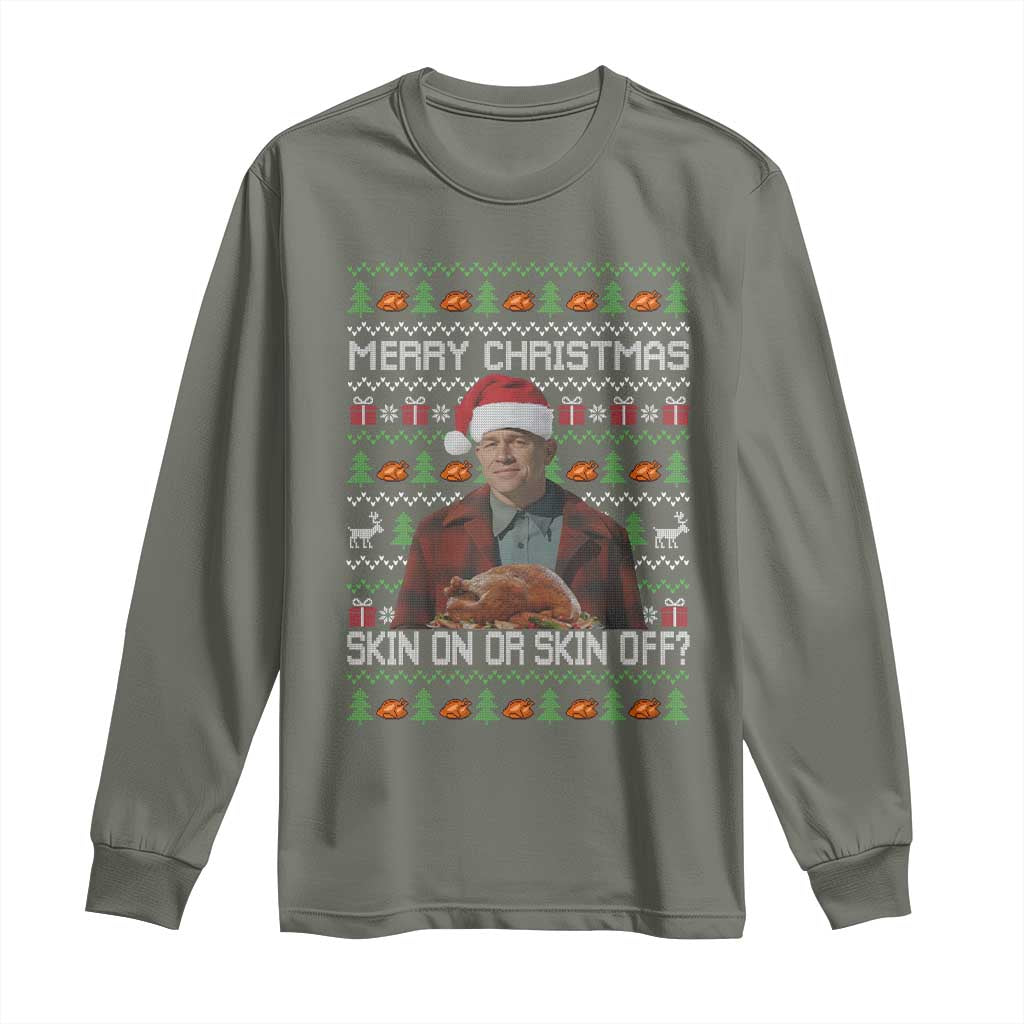 Ed Gein Christmas Long Sleeve Shirt Funny Merry Christmas Skin On Or Skin Off Turkey - Wonder Print Shop
