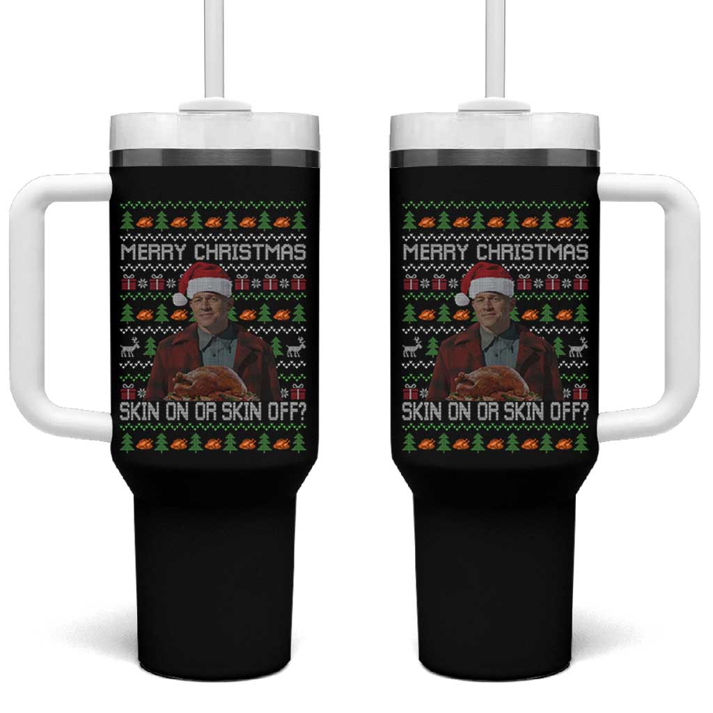 Ed Gein Christmas Tumbler With Handle Funny Merry Christmas Skin On Or Skin Off Turkey - Wonder Print Shop