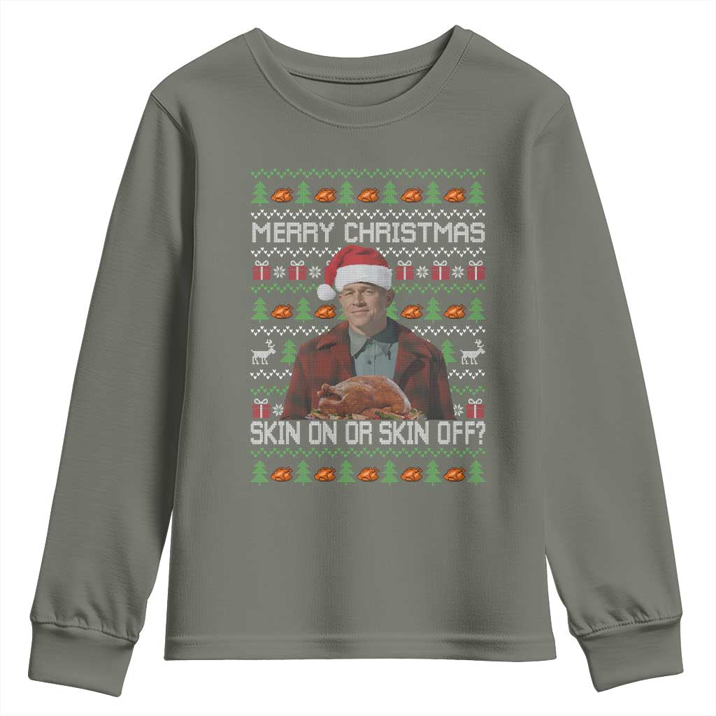 Ed Gein Christmas Youth Sweatshirt Funny Merry Christmas Skin On Or Skin Off Turkey - Wonder Print Shop