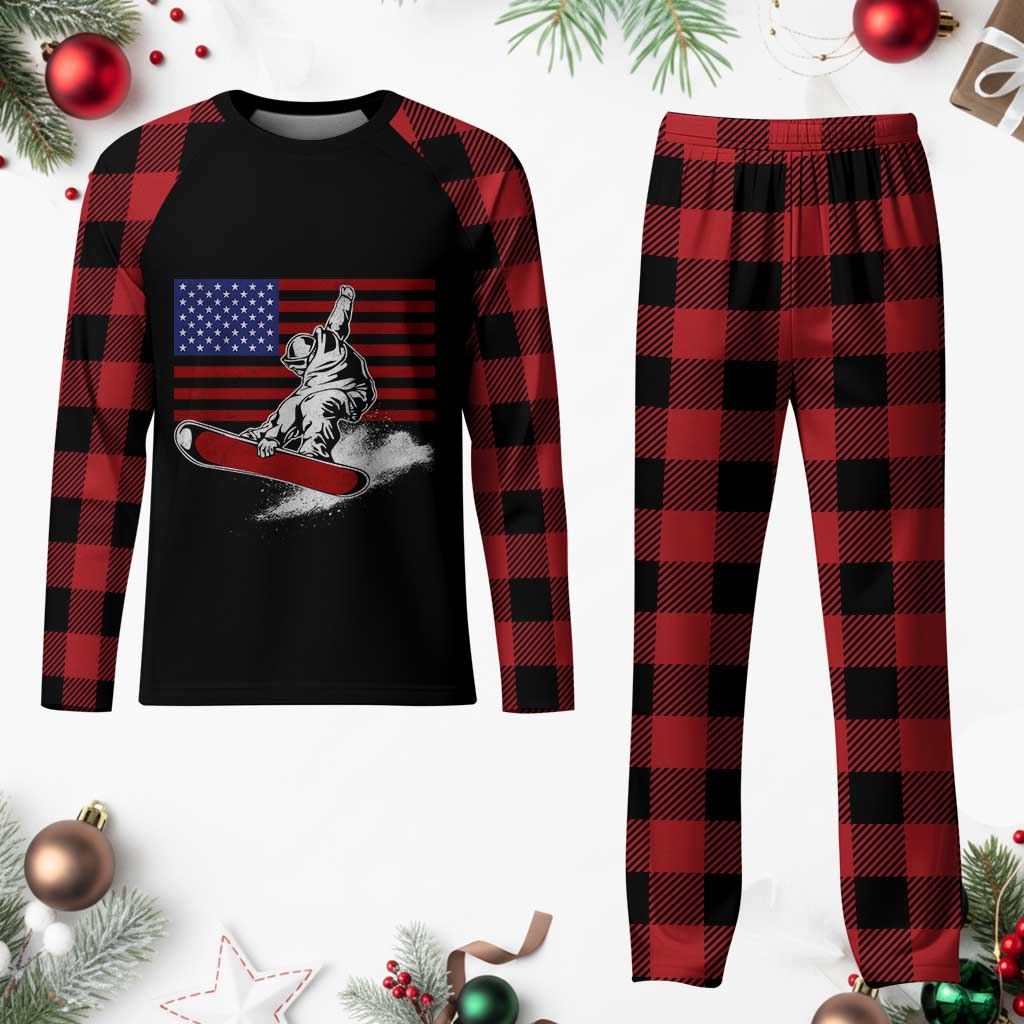 Funny Snowboarding Lover American Flag Winter Sport Plaid Pajama Set - Wonder Print Shop