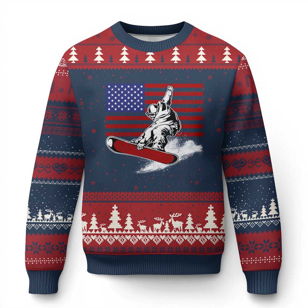 Funny Snowboarding Lover American Flag Winter Sport Ugly Christmas Sweater - Wonder Print Shop