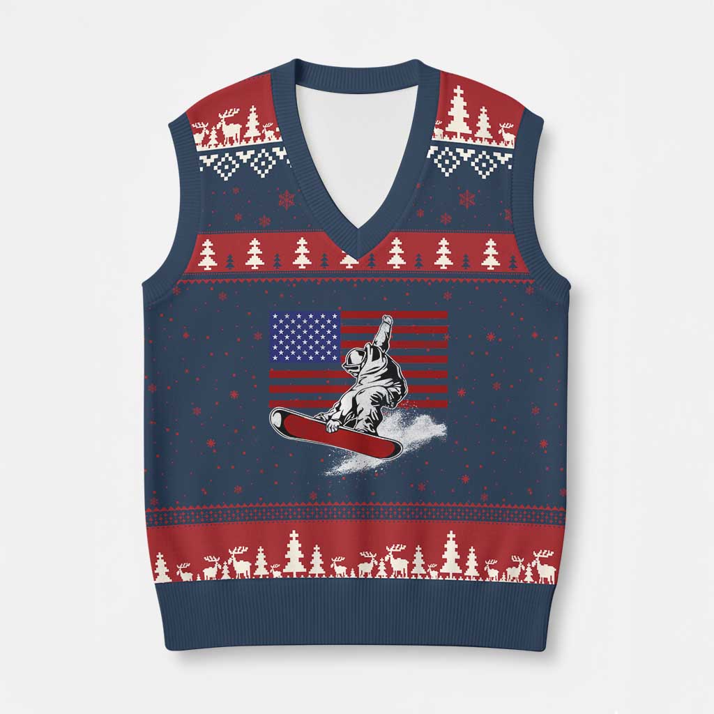 Funny Snowboarding Lover American Flag Winter Sport V-Neck Knit Sweater Vest - Wonder Print Shop
