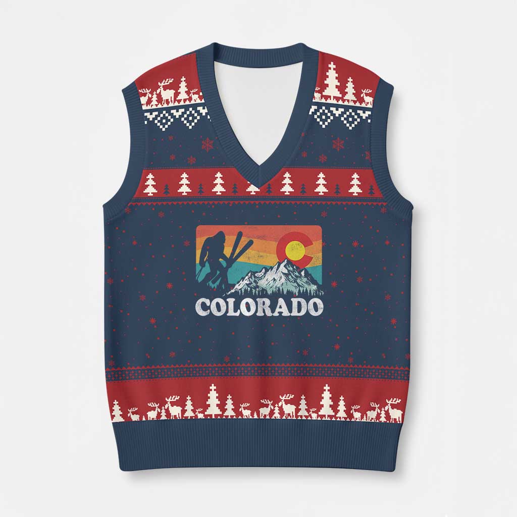Funny Colorado Skiing Bigfoot Snow Mountain Winter Sport V-Neck Knit Sweater Vest - Wonder Print Shop